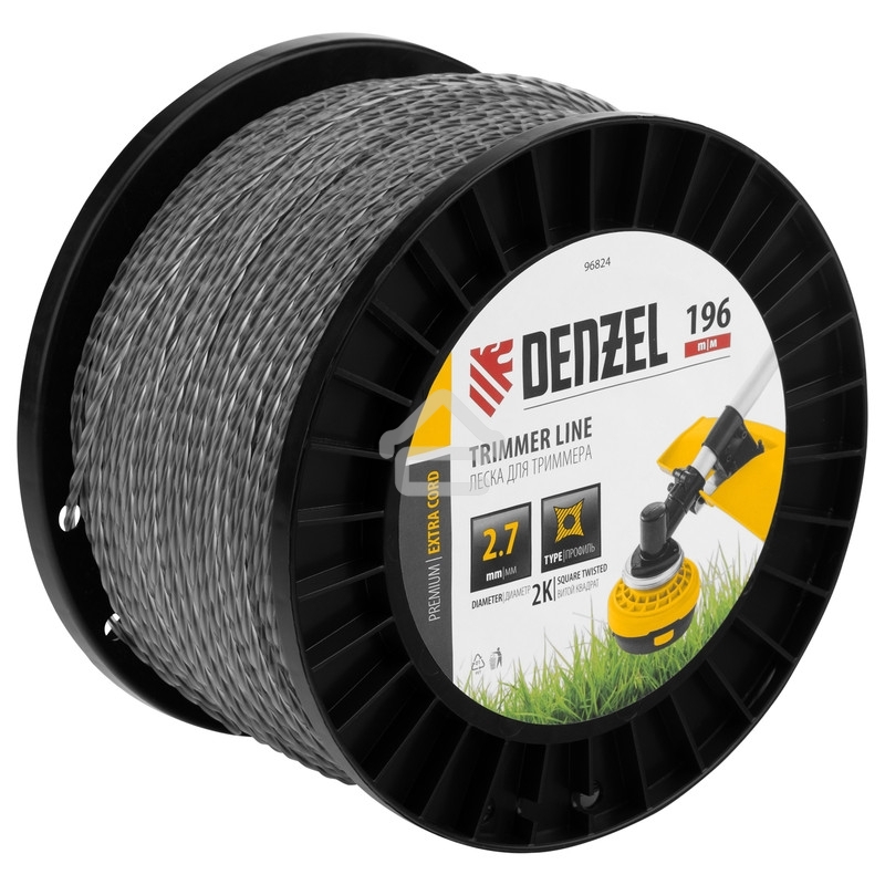 Леска для триммера Denzel двухкомпонентная витой квадрат, 2,7мм х 196м, на DIN катушке EXTRA CORD