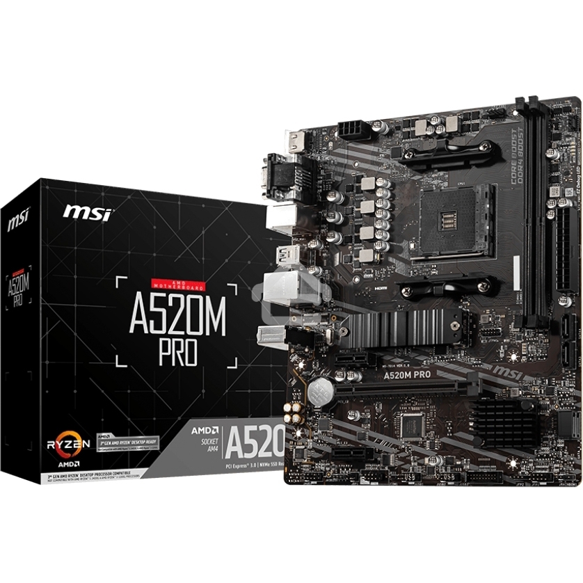Материнская плата MSI A520M PRO, AM4, AMD A520, 2xDDR4, 4xSATA, 1xM.2, 1xPCIe 3.0 x16, 1xVGA, 1xDVI-D, 1xHDMI, 1x 1Gb LAN, 2xUSB 2.0, 4xUSB 3.2 Gen 1, 3x3.5 мм, 7.1, mATX