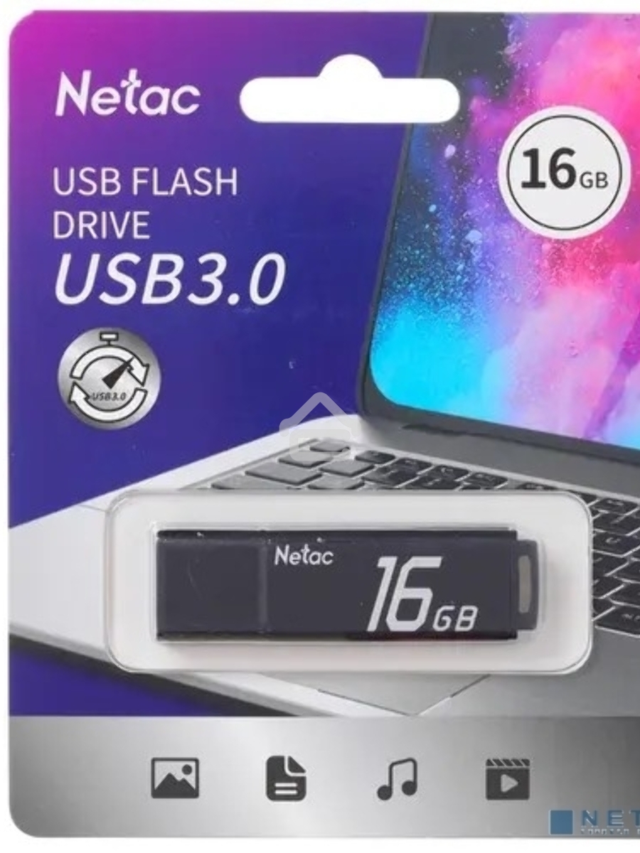 Флеш диск Netac U351 NT03U351N-016G-30BK, 16Gb, USB3.0, с колпачком, металлическая, чёрная