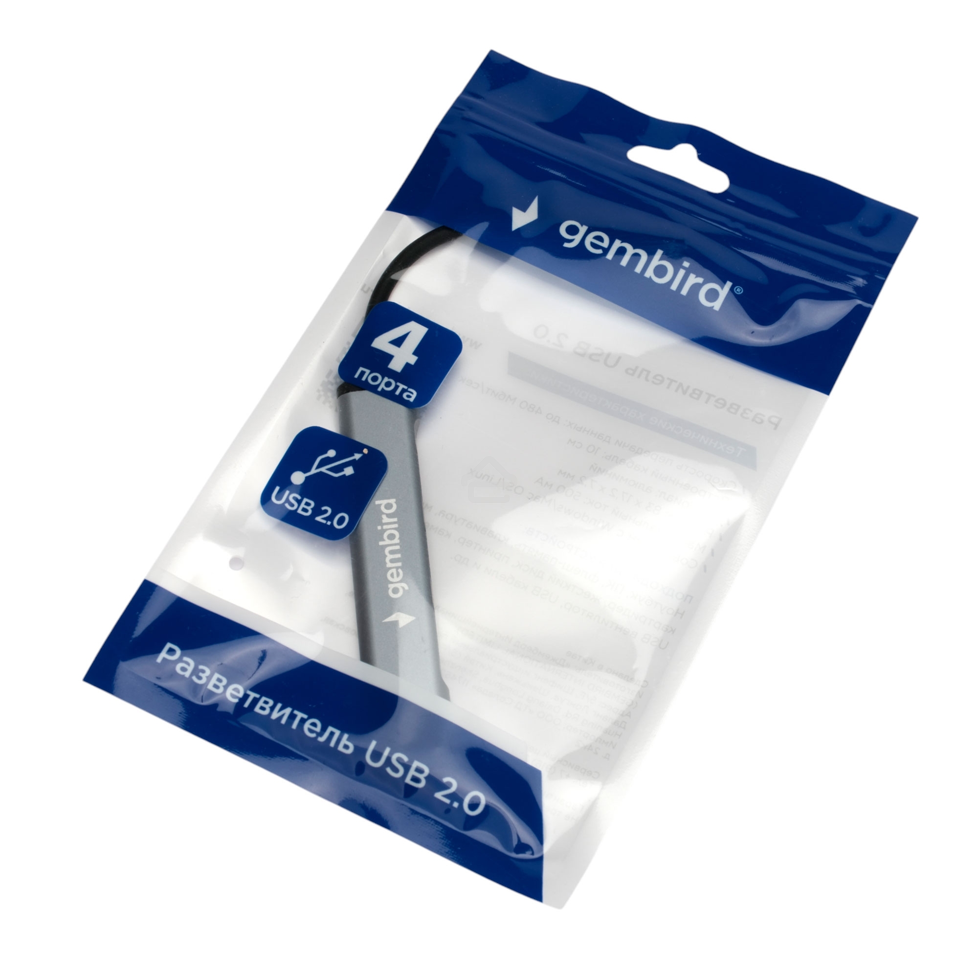 Разветвитель USB2.0 Gembird UHB-C201, 4xUSB2.0, кабель Type-C 10 см, алюминий, пакет