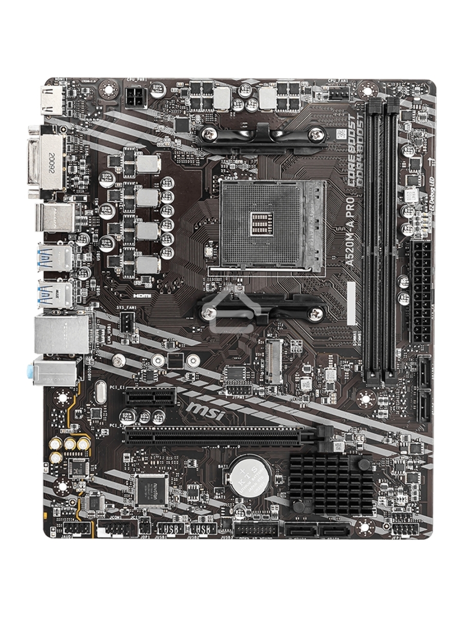 Материнская плата MSI A520M-A PRO, AM4, AMD A520, 2xDDR4, 4xSATA, 1xM.2, 1xPCIe 3.0 x16, 1xDVI-D, 1xHDMI, 1x 1Gb LAN, 2xUSB 2.0, 4xUSB 3.2 Gen 1, 3x3.5 мм, 7.1, mATX