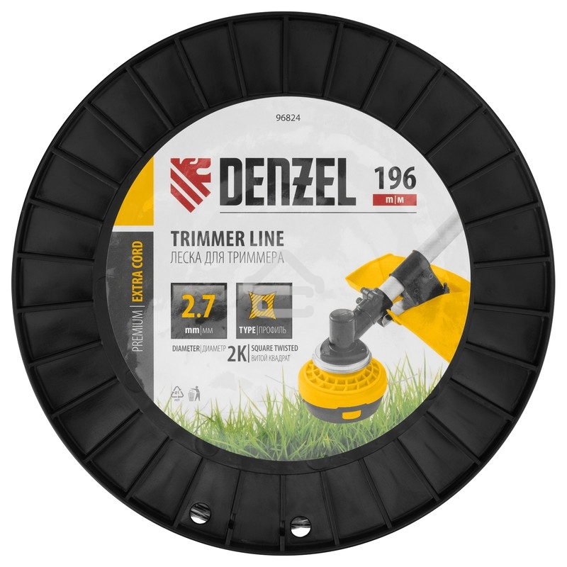 Леска для триммера Denzel двухкомпонентная витой квадрат, 2,7мм х 196м, на DIN катушке EXTRA CORD