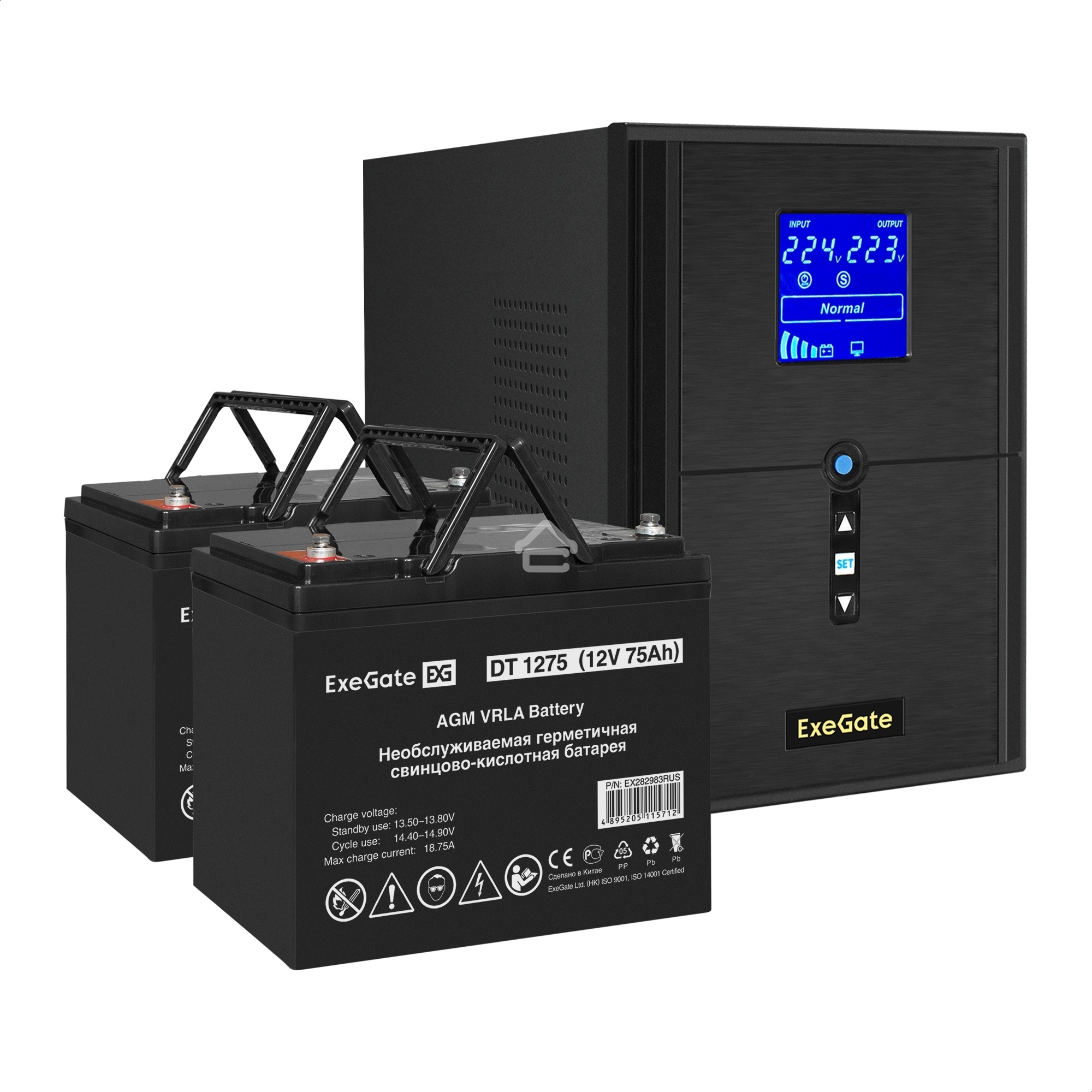 Комплект Источник бесперебойного питания EX295989RUS + батарея 75Aч EX282983RUS 2шт (инвертор, синус, для котла) ExeGate SineTower SZ-2000.LCD.AVR.3SH.1C13.USB <2000VA/1600W, чистый синусоида, LCD дисплей, AVR, 3*Schuko+1*C13, USB, линейно-интерактивный, 