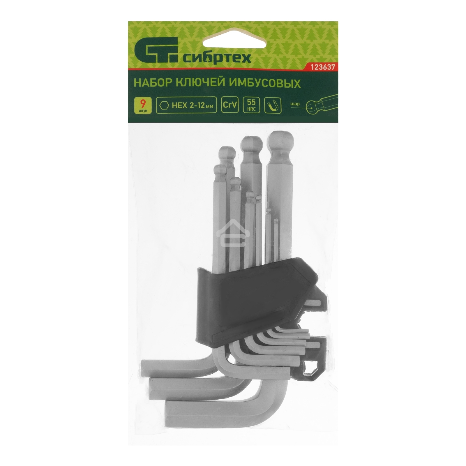 Набор ключей имбусовых Сибртех HEX, 2-12 мм, CrV, 9 шт., с шаром