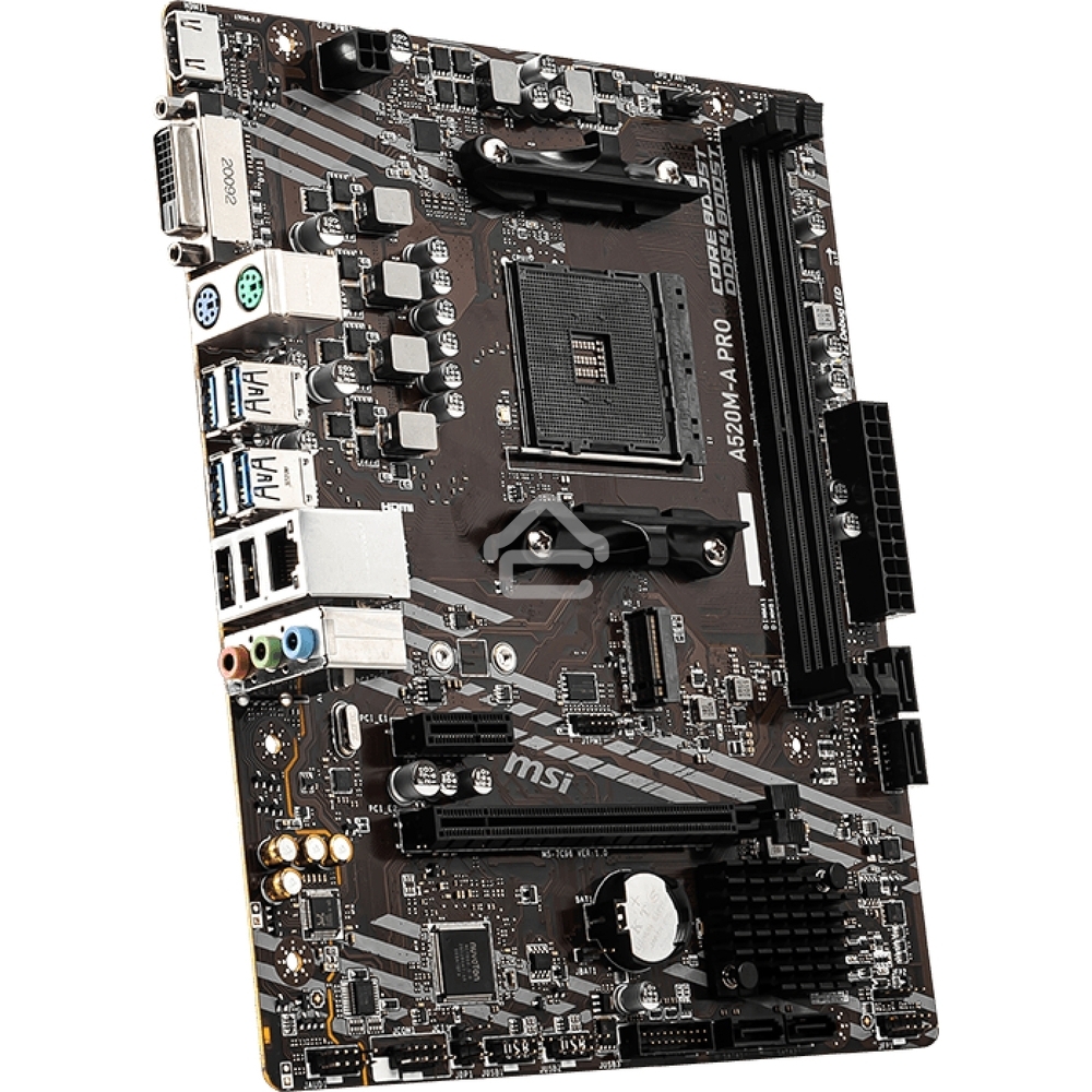 Материнская плата MSI A520M-A PRO, AM4, AMD A520, 2xDDR4, 4xSATA, 1xM.2, 1xPCIe 3.0 x16, 1xDVI-D, 1xHDMI, 1x 1Gb LAN, 2xUSB 2.0, 4xUSB 3.2 Gen 1, 3x3.5 мм, 7.1, mATX