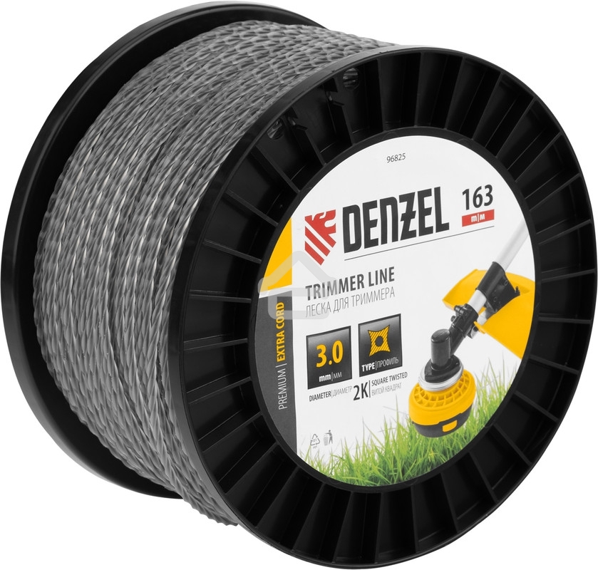 Леска для триммера Denzel двухкомпонентная витой квадрат, 3,0мм х 163м, на DIN катушке EXTRA CORD