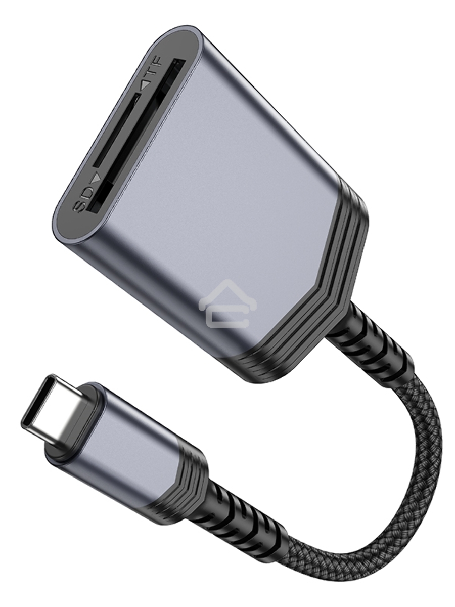 Картридер Type-C (OTG) Hoco UA25, 2в1: SD, TF (MicroSD), кабель 19см, алюминий