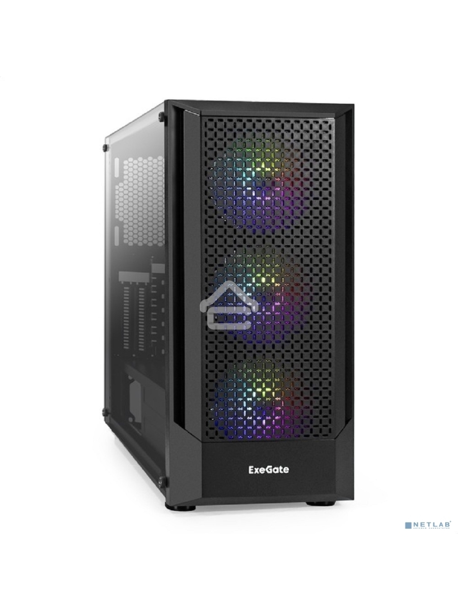 Корпус Miditower ExeGate EVO-8227 (ATX, без БП, 2*USB+1*USB3.0+HD Audio, черный, 3 вент. с RGB подсветкой, боковая панель - закаленное стекло)