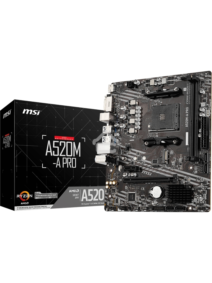 Материнская плата MSI A520M-A PRO, AM4, AMD A520, 2xDDR4, 4xSATA, 1xM.2, 1xPCIe 3.0 x16, 1xDVI-D, 1xHDMI, 1x 1Gb LAN, 2xUSB 2.0, 4xUSB 3.2 Gen 1, 3x3.5 мм, 7.1, mATX