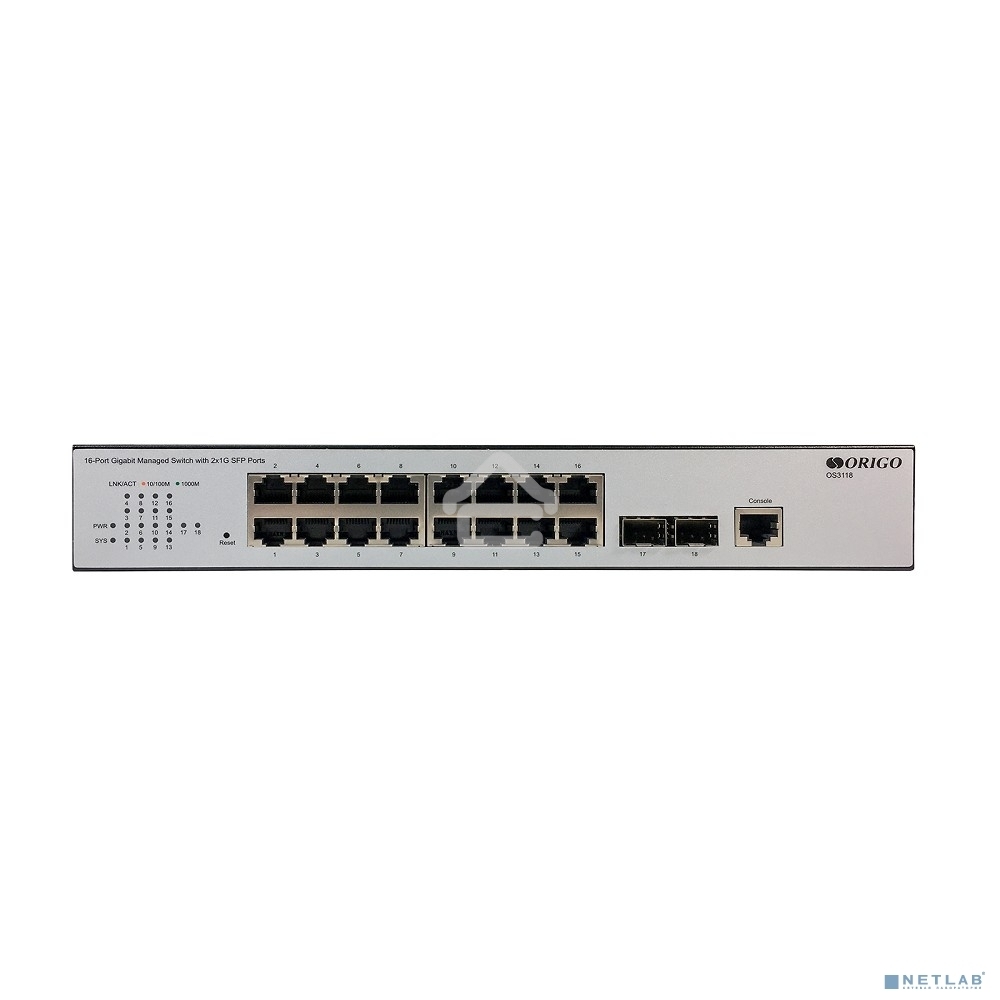 Коммутатор Управляемый L2 16x1000Base-T, 2x1000Base-X SFP, консольный порт RJ-45, комплект для установки в 19