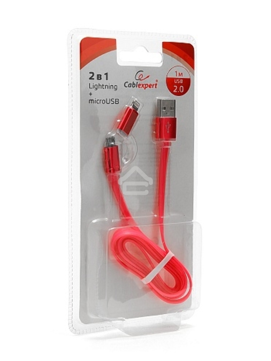 Кабель USB 2.0 Cablexpert CC-mAPUSB2pk1m, AM/microBM 5P - iPhone lightning, 1м, комбо кабель, алюминиевые разъемы, розовый, блистер