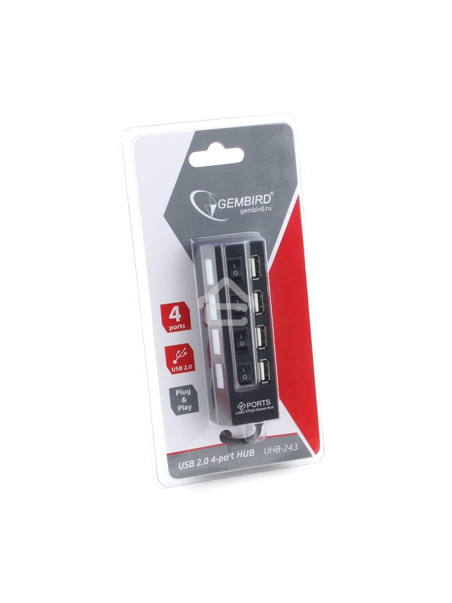 Концентратор USB 2.0 Gembird UHB-243-AD с подсветкой и выключателем, 4 порта, блистер