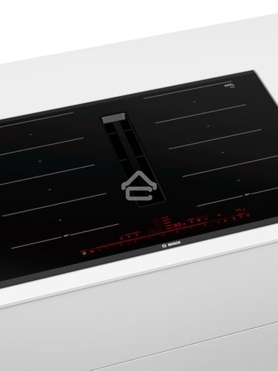 Индукционная варочная поверхность Bosch PXX875D67E с вытяжкой, черная, ширина 80см, 4 зоны нагрева, которые можно обьединить в две зоны FlexInduction, управление DirectSelect Premium, функции HomeConnect: удаленная диагностика, контроль и мониторинг, функ