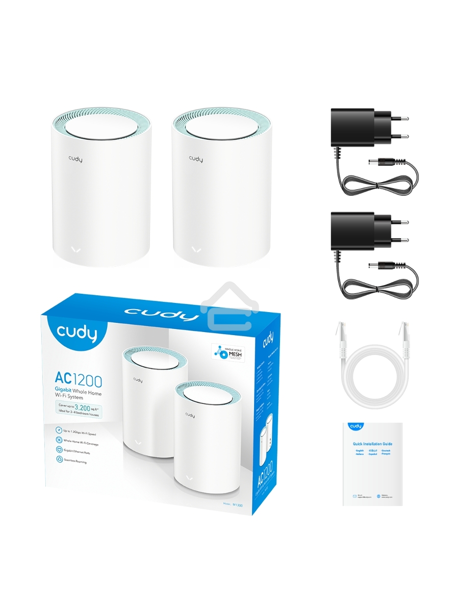 Бесшовный Mesh роутер Cudy M1300 (M1300 2-PACK) AC1200 10/100/1000BASE-TX/Wi-Fi белый (упак.:2шт)