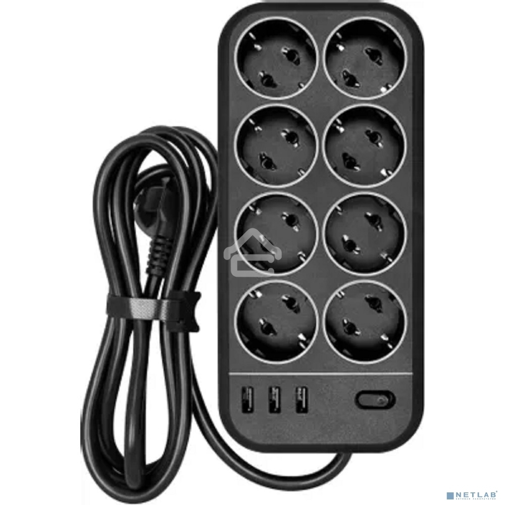 Сетевой фильтр Powercom SP-08 USB03AB 3,0 m 3.0м, 8 розеток, черный, коробка