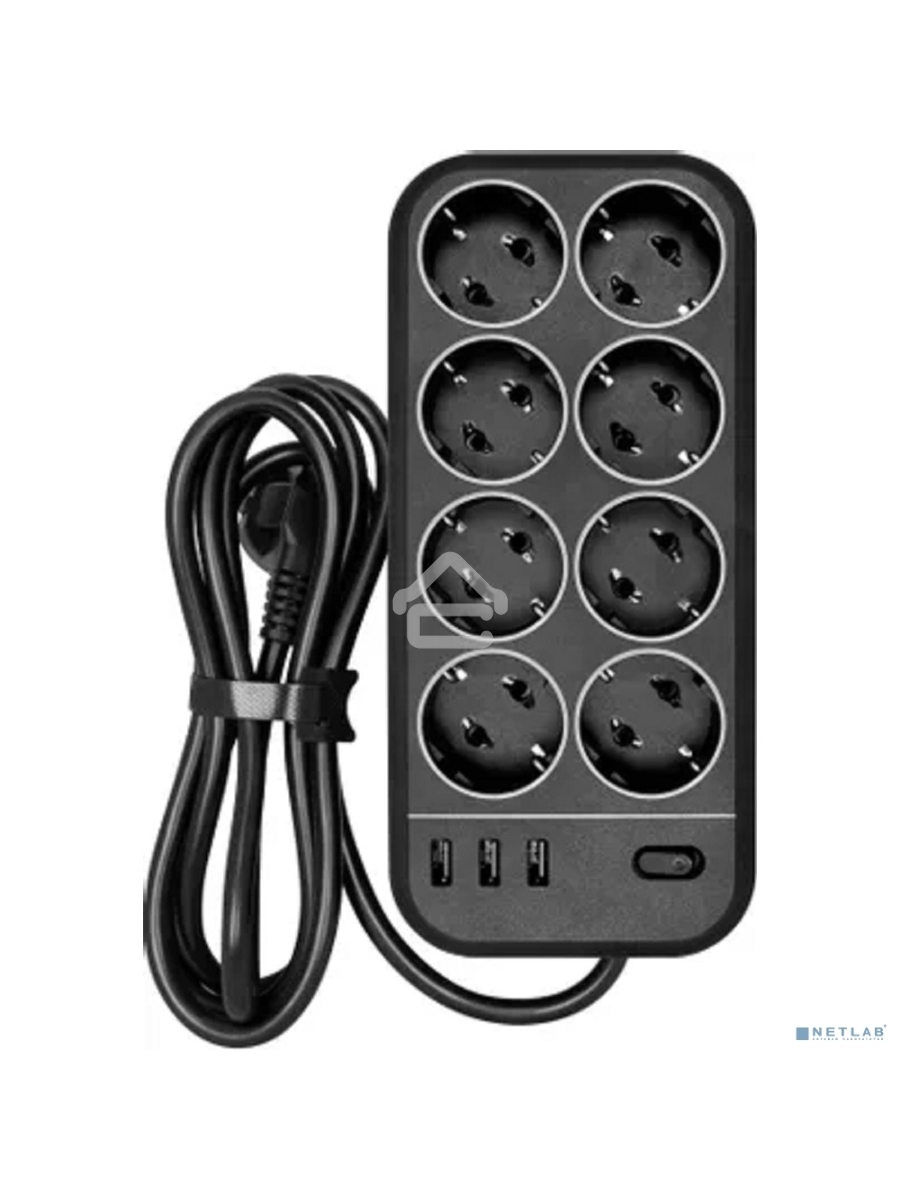Сетевой фильтр Powercom SP-08 USB03AB 3,0 m 3.0м (8 розеток) черный (коробка)