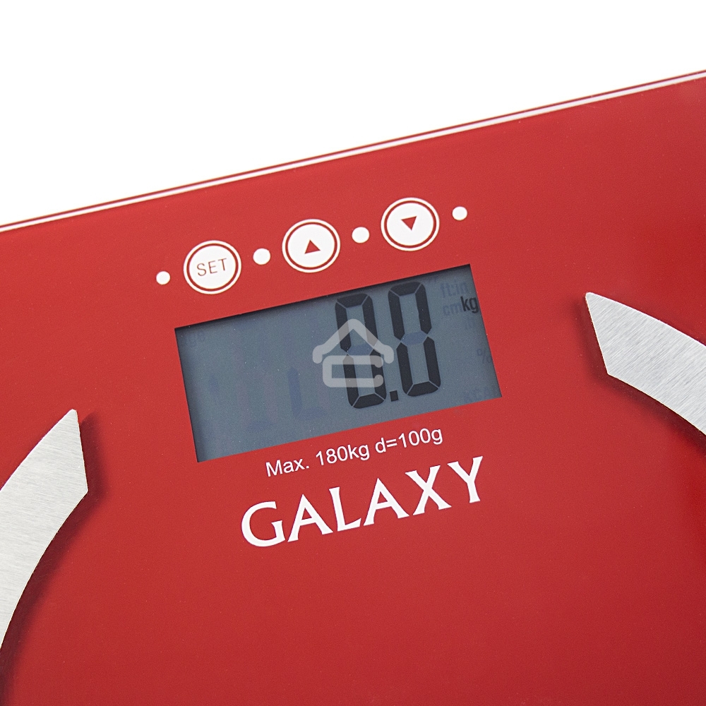 Весы многофункциональные Galaxy GL 4851, красный, электронные, эл. пит. «CR2032» в компл., макс вес 180 кг, сверхточ. элек. сенс. сист., ЖК-дисплей, авто. откл., индик. перег. и низ. зар., пам. изм. веса (10 чел.), опр. ур. жир., мышеч., кост. массы