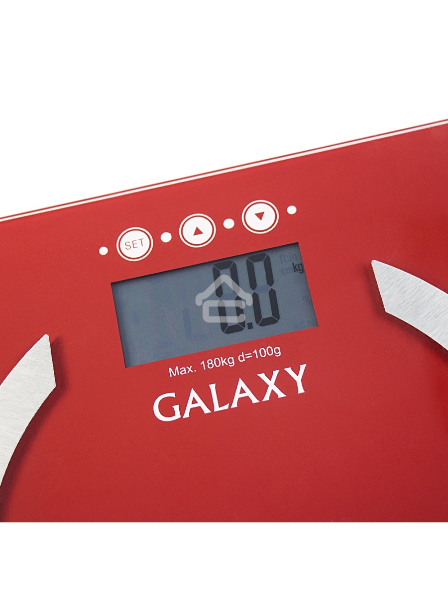Весы многофункциональные Galaxy GL 4851, красный, электронные, эл. пит. «CR2032» в компл., макс вес 180 кг, сверхточ. элек. сенс. сист., ЖК-дисплей, авто. откл., индик. перег. и низ. зар., пам. изм. веса (10 чел.), опр. ур. жир., мышеч., кост. массы