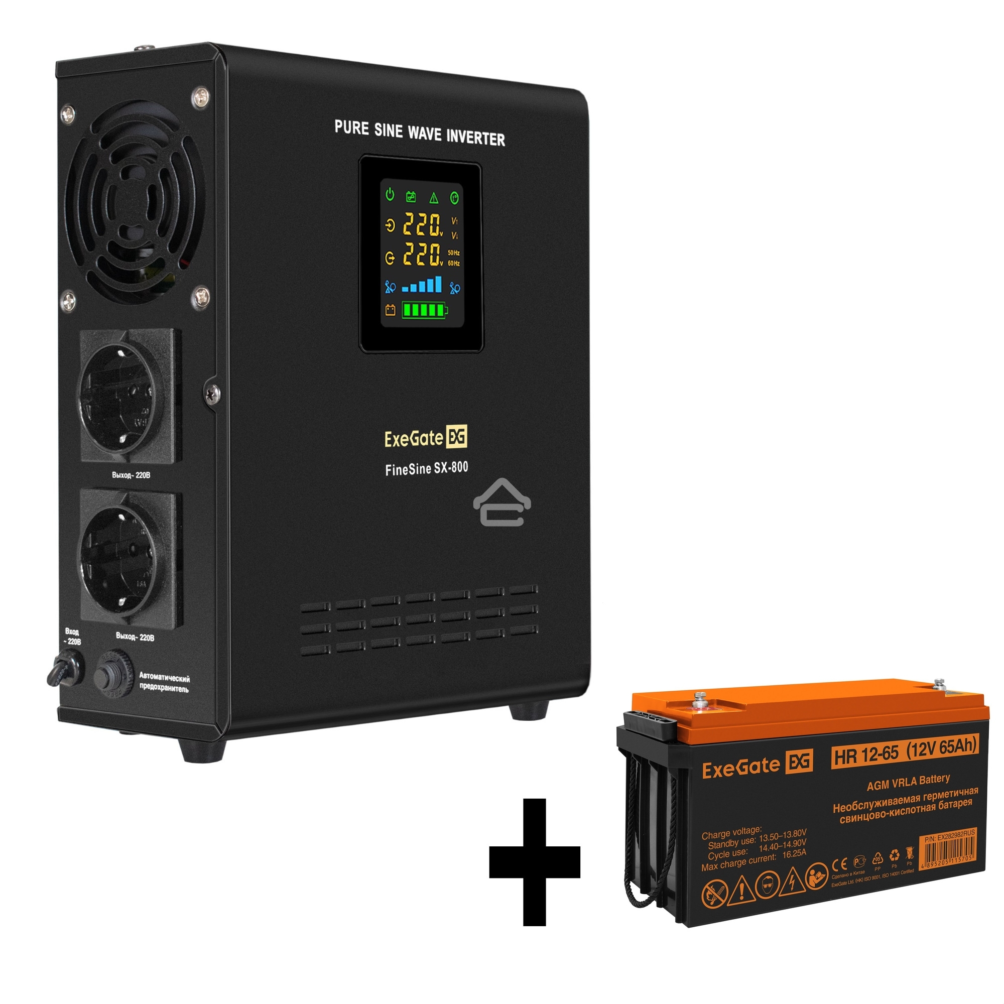 Комплект Источник бесперебойного питания EX295996RUS + батарея 65Aч EX282982RUS 1шт (инвертор, синус, для котла, настенный) ExeGate FineSine SX-800.LCD.AVR.2SH <800VA/500W, чистая синусоида, цветной LCD-дисплей, AVR, 2*Schuko, линейно-интерактивный, крепл