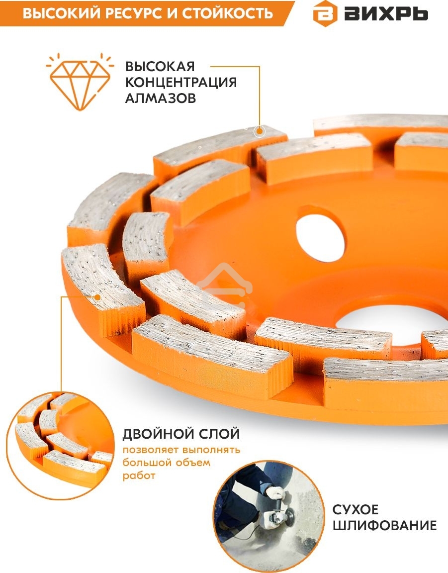 Чашка алмазная зачистная 125мм двухрядная Вихрь 73/10/3/6