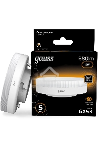 Лампа светодиодная Gauss 8Вт цок.:GX53 таблетка 220B св.свеч.бел.теп. Tablet (упак.:10шт) (108008108)