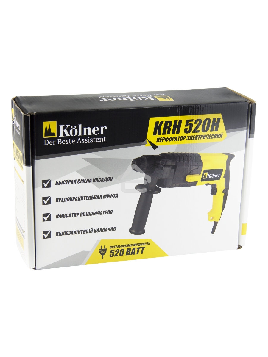 Перфоратор KOLNER KRH 520H(Перфоратор 500 Вт, SDS+, 1,5Дж, 0-850 об/мин, 2 режима, макс.диам.сверл(бетон) 20мм, ПВХ кабель 2м. (доп. рукоятка, глубомер))