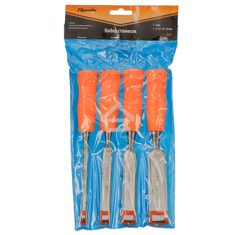 Набор стамесок 4 шт, 6-12-18-24 мм, плоские, пластиковые ударные рукоятки Sparta