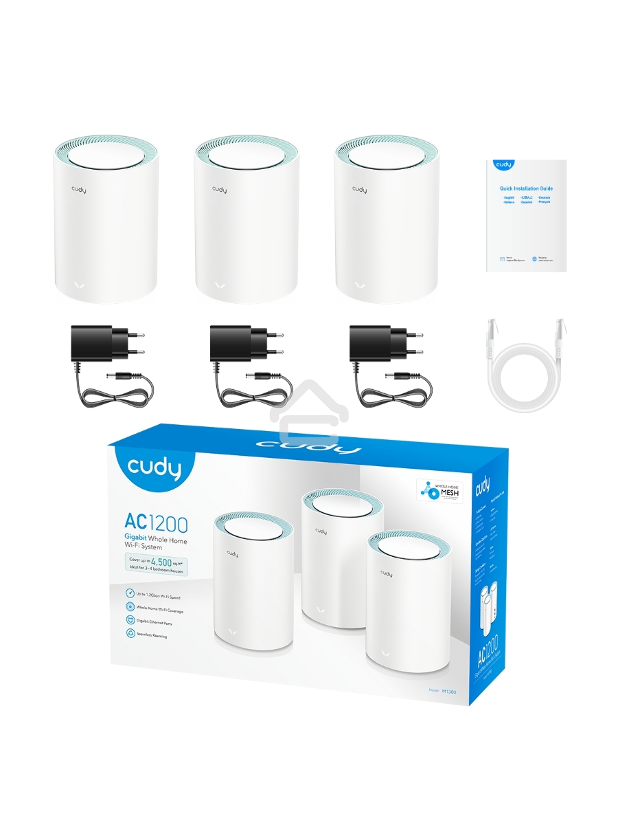 Бесшовный Mesh роутер Cudy M1300 (M1300 3-PACK) AC1200 10/100/1000BASE-TX/Wi-Fi белый (упак.:3шт)