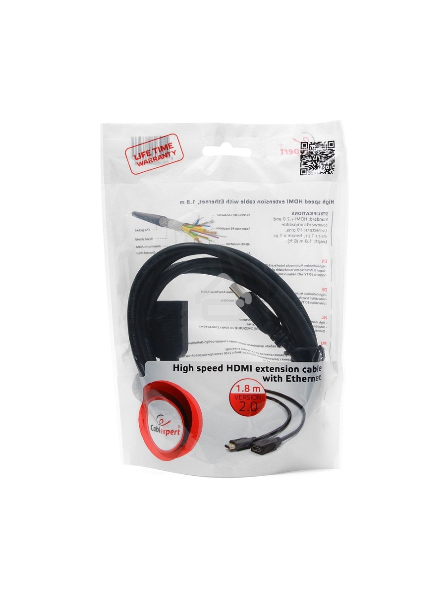 Кабель-удлинитель HDMI Cablexpert CC-HDMI4X-6, 19M/19F, v2.0, позол.разъемы, экран, 1.8м, черный, пакет