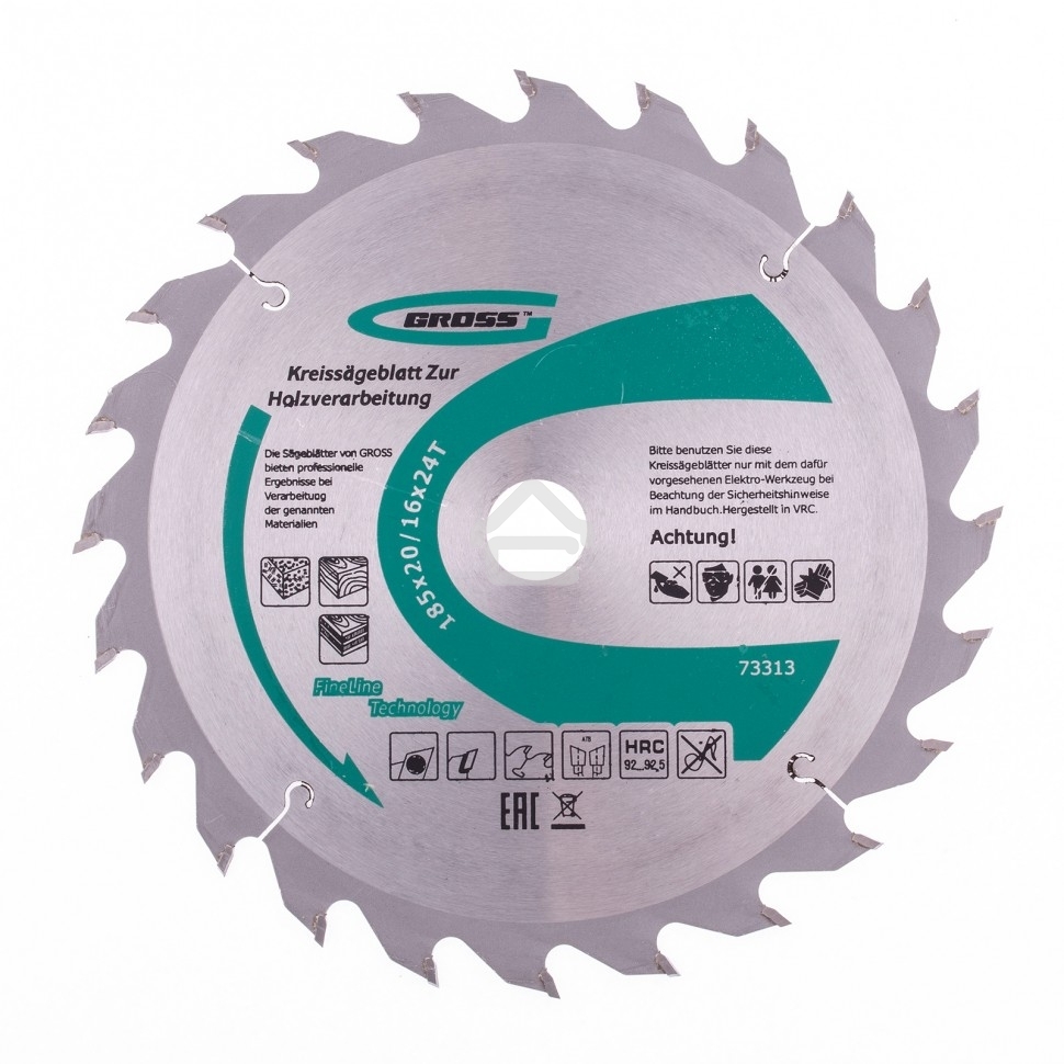 Пильный диск по дереву Gross ф185 х 20 мм, 24 зуба + кольцо 20/16мм