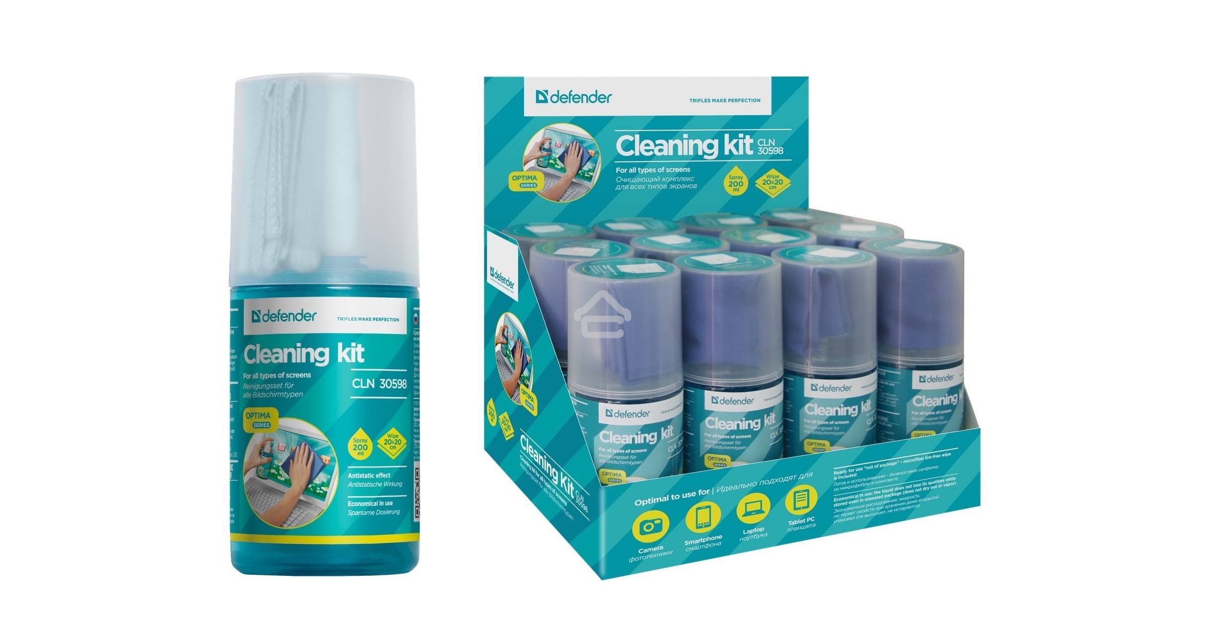 Чистящий спрей Defender для экранов / пластиковый флакон с пульверизатором 200 мл + микрофибра 20 х 20 см / Беларусь