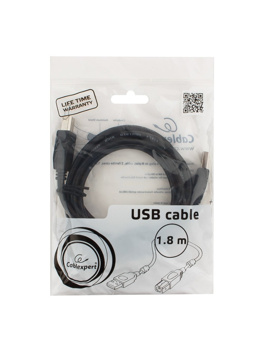 Кабель USB 2.0 Pro Cablexpert CCF2-USB2-AMBM-6, AM/BM, 1.8м, экран, 2феррит.кольца, черный, пакет