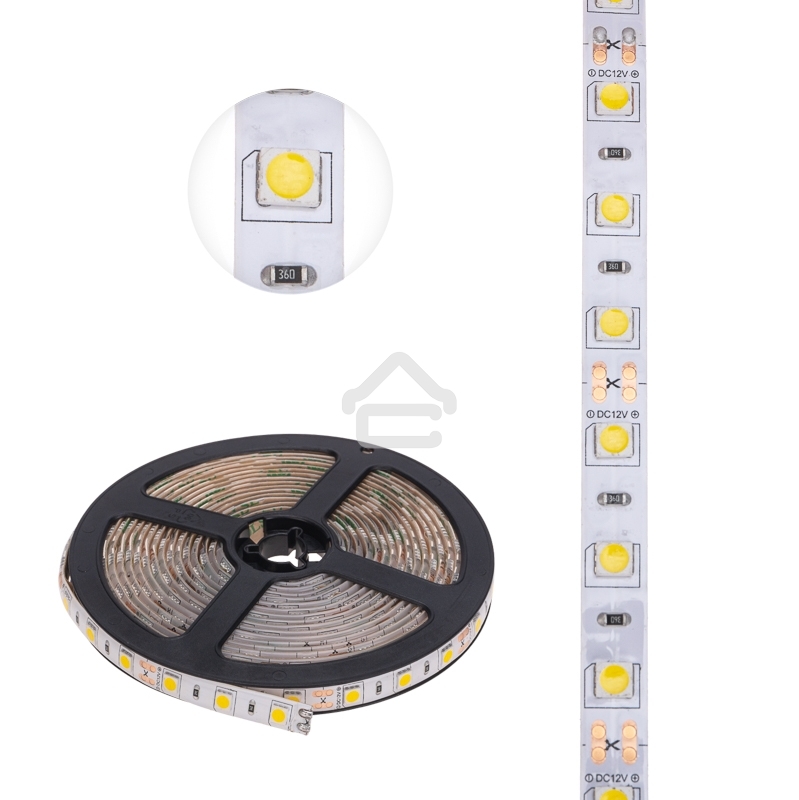 Лента светодиодная 5 м 12 В 5050 2700 К IP65 60 LED/м для БП с клеммами LAMPER