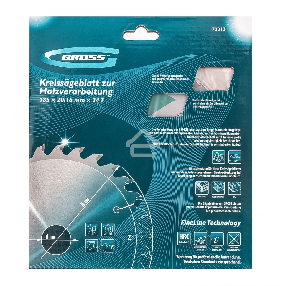 Пильный диск по дереву Gross ф185 х 20 мм, 24 зуба + кольцо 20/16мм