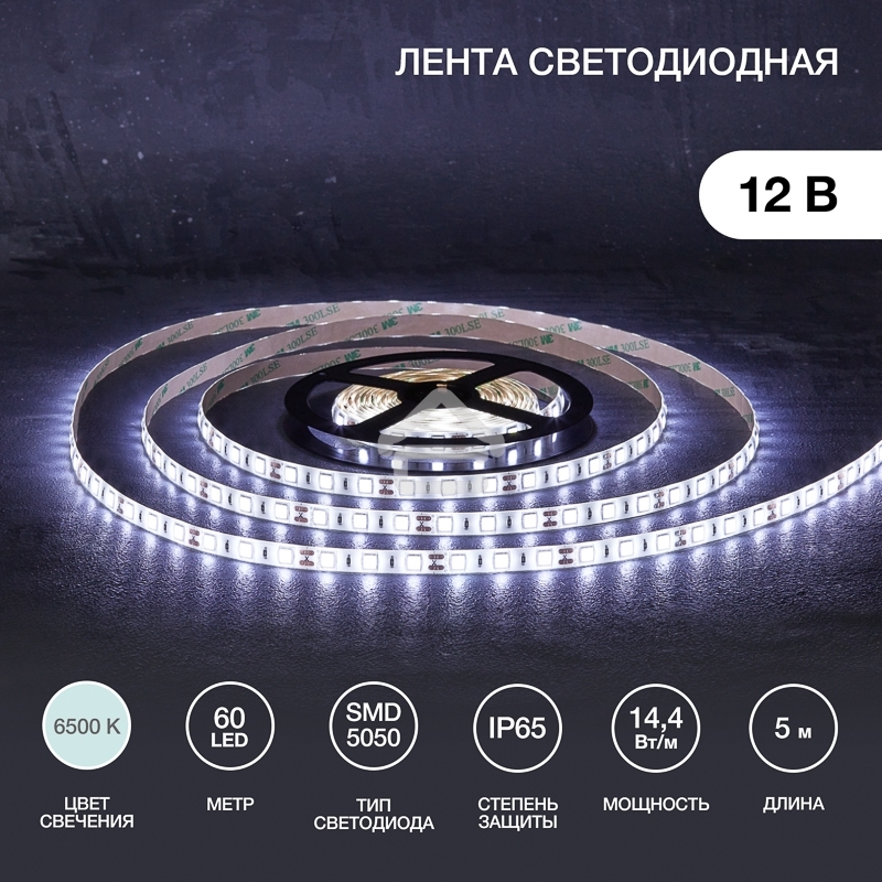 Лента светодиодная 5 м 12 В 5050 6500 К IP65 60 LED/м для БП с клеммами LAMPER
