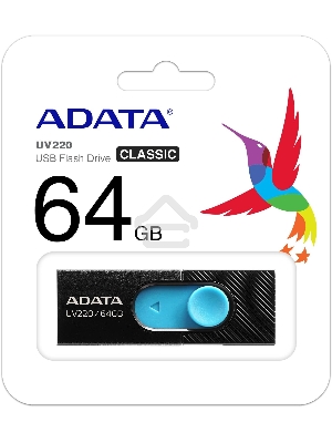 Флеш диск 64GB ADATA UV220, USB 2.0, черный/голубой