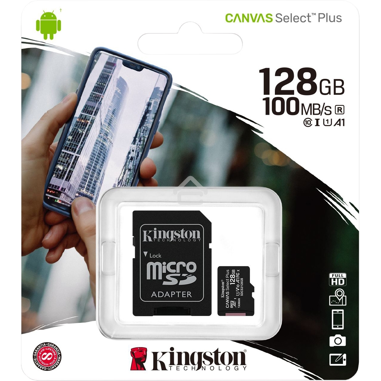 Флеш карта microSDHC 128Gb microSDXC Kingston SDCS2/128Gb Class10 UHS-I Canvas Select up to 100Mb/s с адапт.