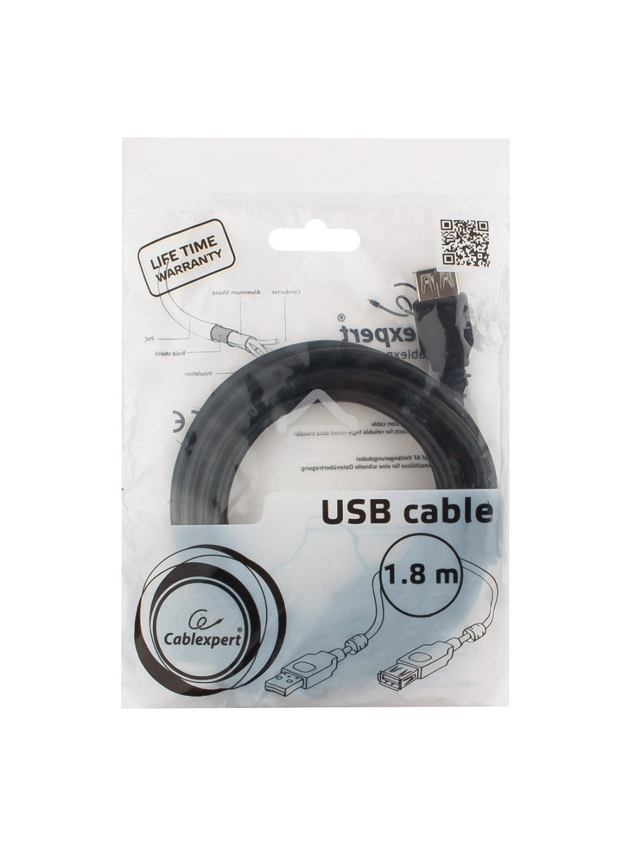 Кабель Cablexpert USB2.0 Pro CCF2-USB2-AMAF-6, AM/AF, 1.8м, экран, 2феррит.кольца, черный, пакет