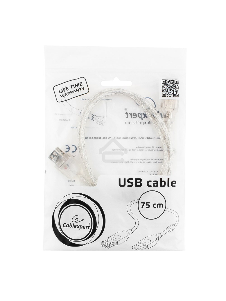 Кабель удлинитель USB2.0 Pro Cablexpert CCF-USB2-AMAF-TR-0.75M, AM/AF, 0,75м, экран, 2феррит.кольца, прозрачный, пакет