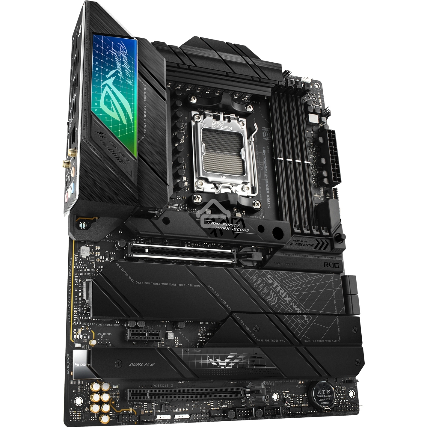 Материнская плата ASUS ROG STRIX X670E-F GAMING WIFI, AM5, AMD X670, 4xDDR5, 4xSATA, 4xM.2, 1xPCIe 5.0 x16, 1xPCIe 4.0 x4, 1xHDMI, 1xDP, 1x 2.5Gb LAN, 2xUSB-C 3.2 Gen 2, 2xUSB-C 3.2 Gen 2x2, 2xUSB-A 2.0, 7xUSB-A 3.2 Gen 2, 5x3.5 мм, 7.1, ATX