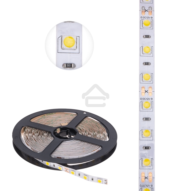 Лента светодиодная 5 м 12 В 5050 4000 К IP23 60 LED/м для БП с клеммами LAMPER