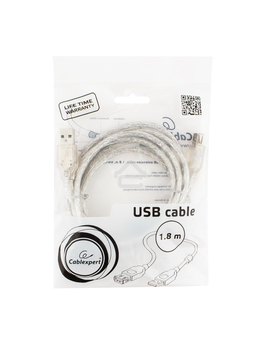 Кабель удлинитель USB2.0 Pro Cablexpert CCF-USB2-AMAF-TR-6, AM/AF, 1,8м, экран, 2феррит.кольца, прозрачный, пакет