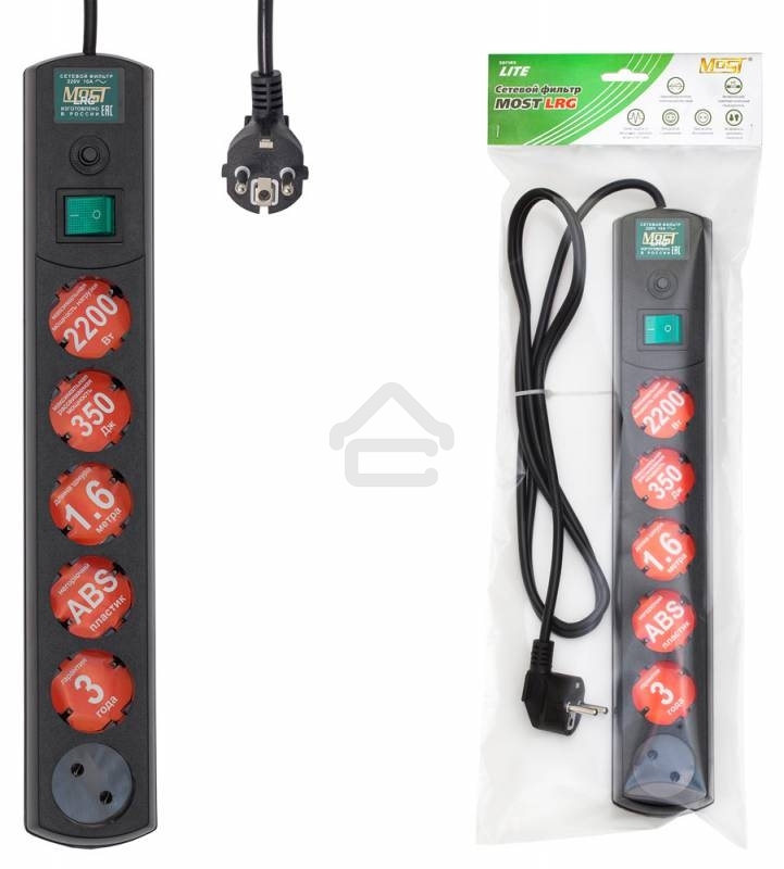 Сетевой фильтр Most LRG 1.6 м, 6 розеток, черный (пакет ПЭ)