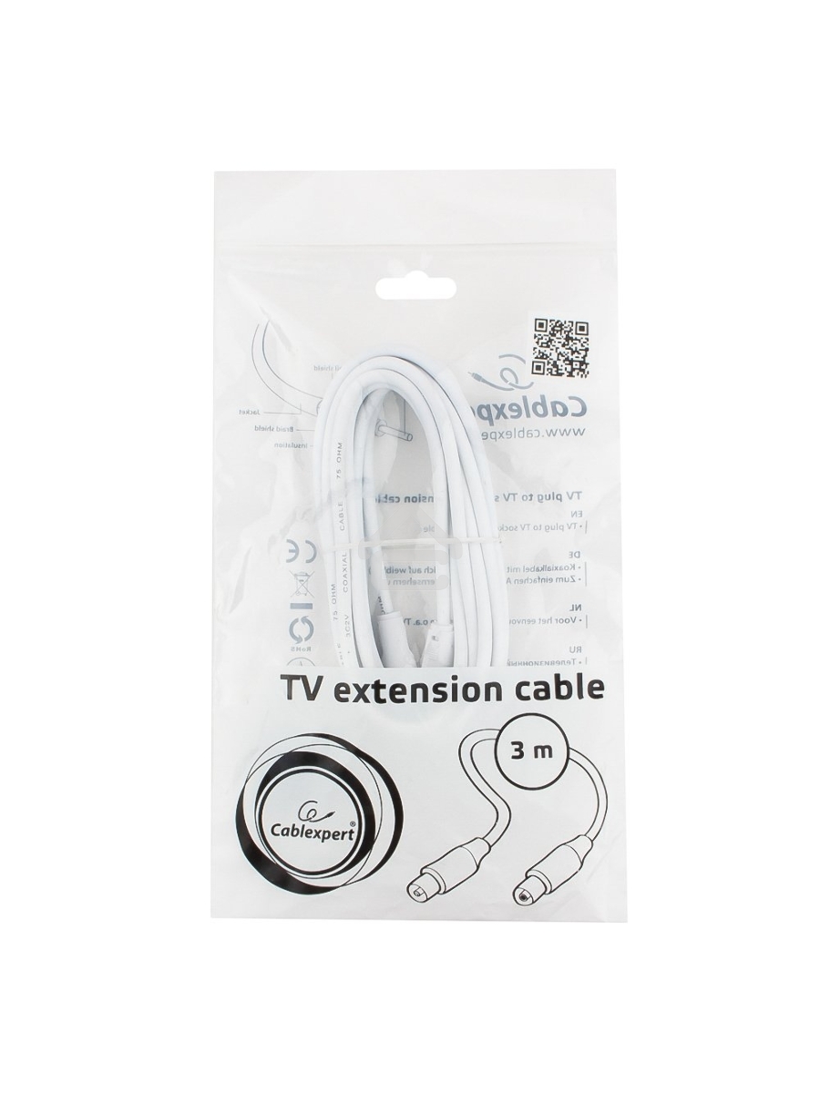 Кабель телевизионный Cablexpert CCV-515-W-3M, Coaxial M/F, белый, 3м