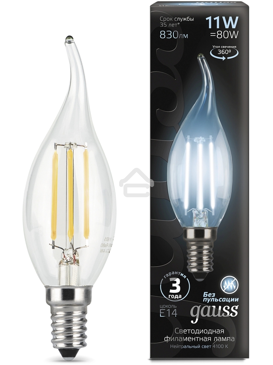 Лампа филам. Gauss Filament 11Вт цок.:E14 свеча 220B св.свеч.бел.нейт. CF35 (упак.:10шт) (104801211)