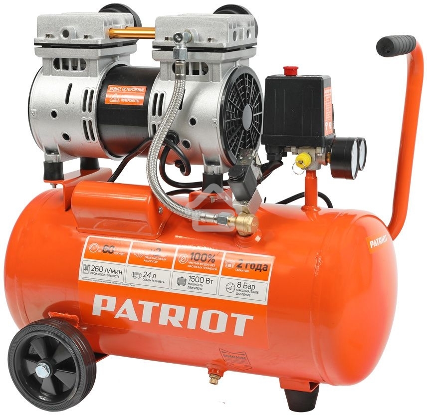 Компрессор Patriot поршневой безмасляный WO 24-260S, 260 л/мин, 8 бар, 1500 Вт, 24 л, быстросъемный 1/4