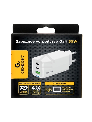Зарядное устройство Cablexpert MP3A-PC-65, 65Вт GaN, 3,25A, QC4.0/PD, 2xType-C, 1xUSB, белый, коробка