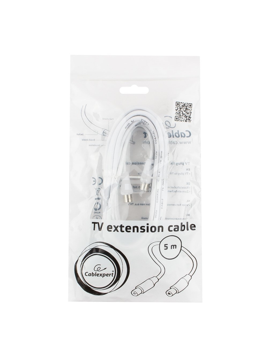 Кабель телевизионный Cablexpert, CCV-515-W-5M, Coaxial M/F, белый, 5м