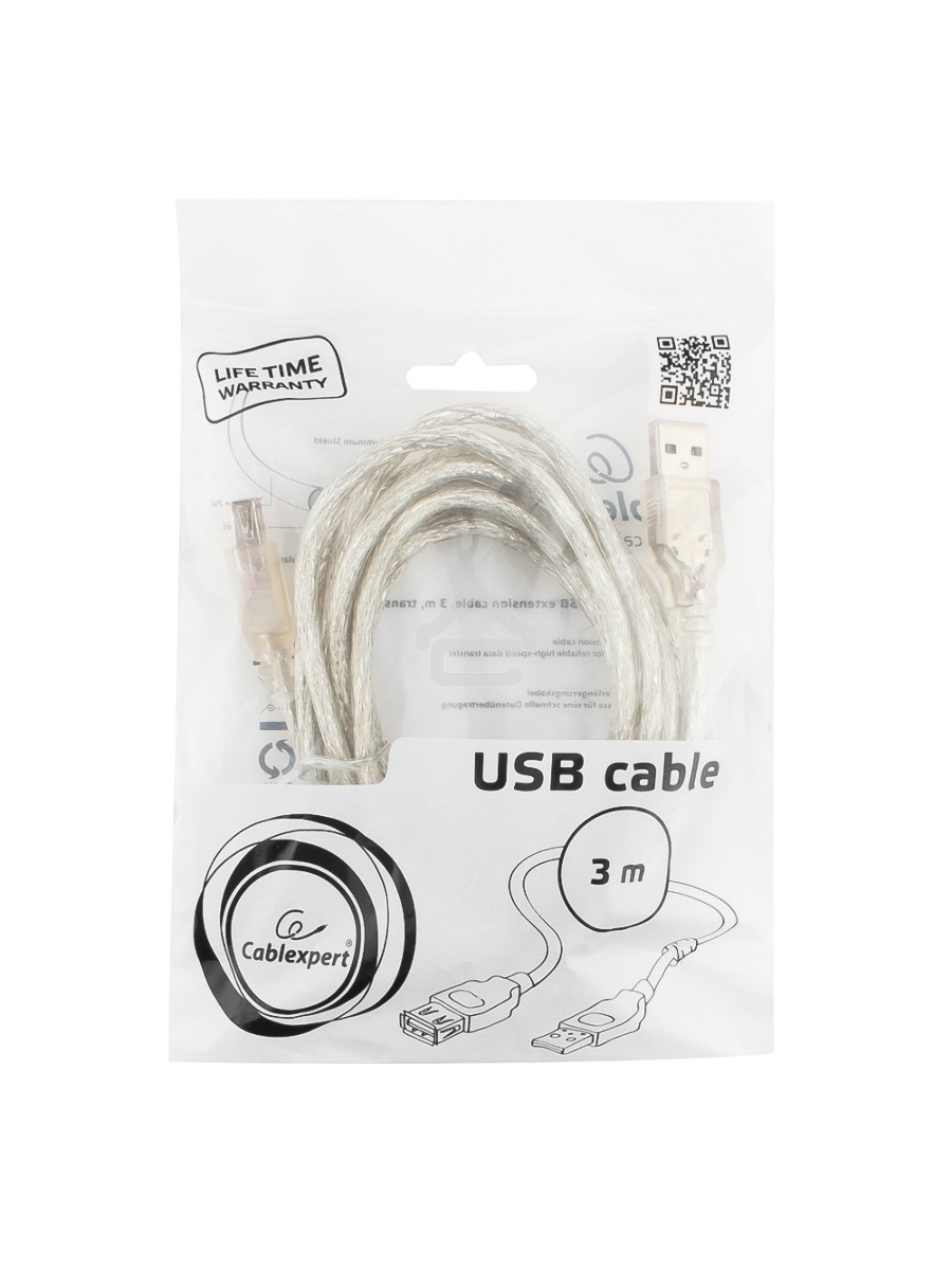 Кабель Cablexpert USB2.0 Pro, AM/AF, 3м, экран, 2 феррит.кольца, прозрачный (CCF-USB2-AMAF-TR-10)