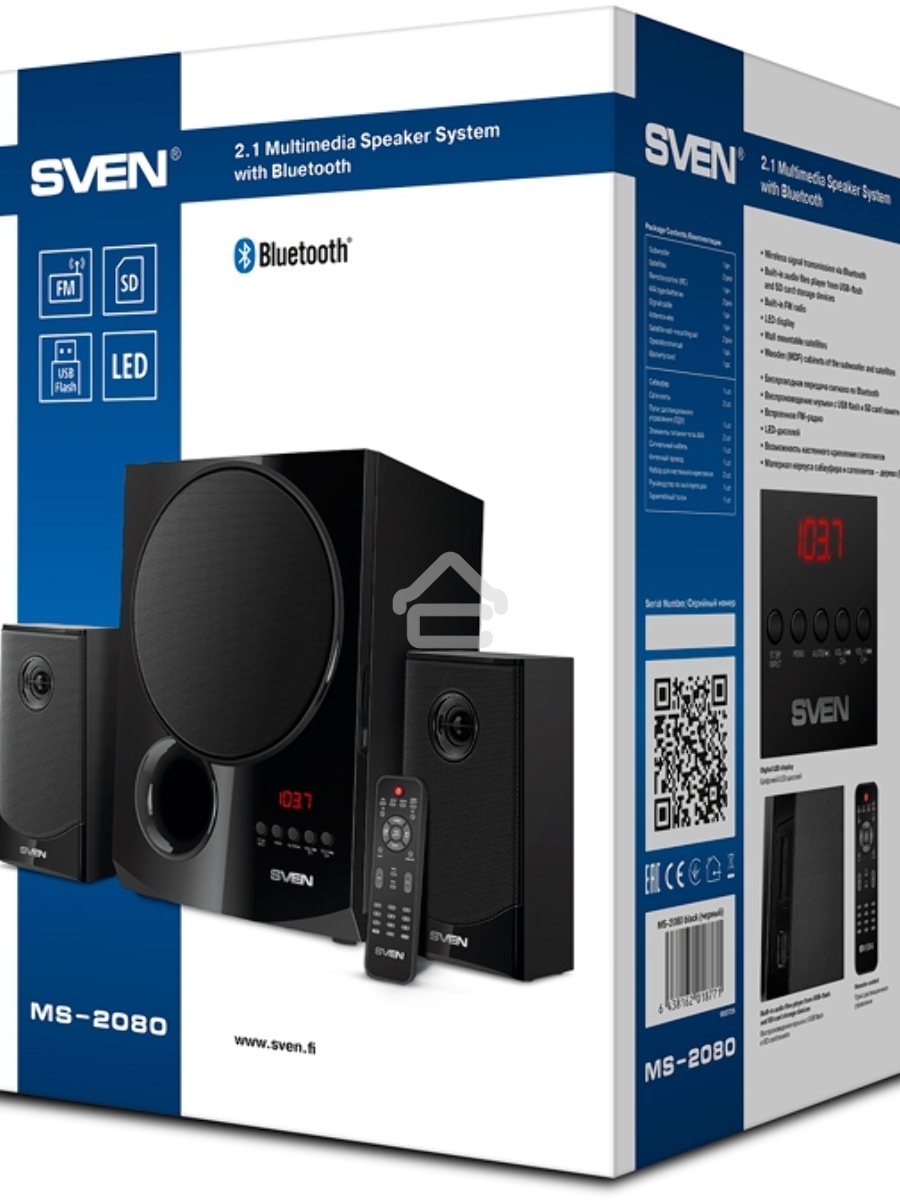 Акустическая система 2.1 SVEN MS-2080 / 70 Watt / ~220V 50Hz / FM-тюнер, USB/ SD, дисплей / BLUETOOTH / ПДУ / Black